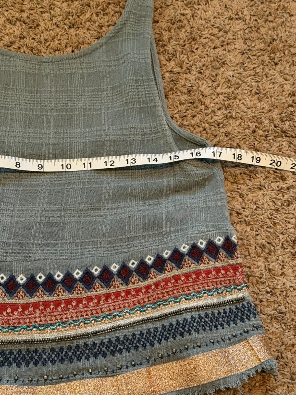Ecote Boho Embellished Cotton Tank - Green & Gold Festival Top S - Picture 9 of 10